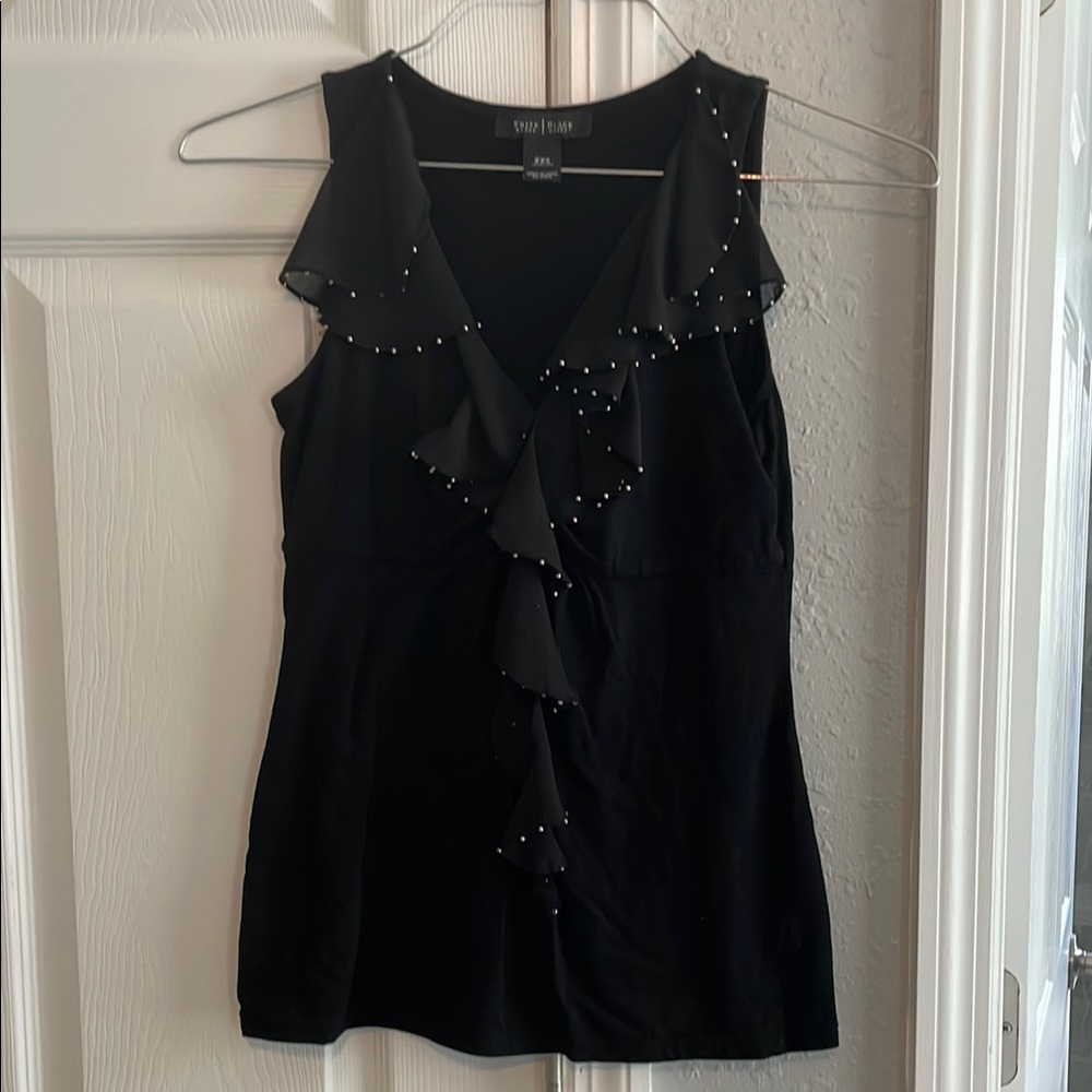 White House Black Market Embellished Ruffled Black Tank Top
